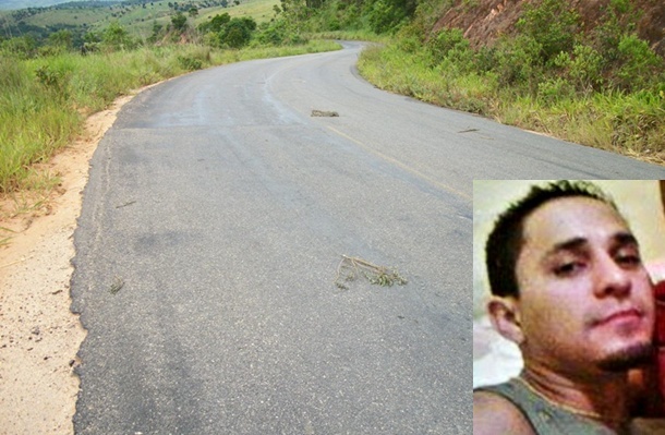 Curva onde ocorreu o acidente. No detalhe, foto de Giocássio, vítima fatal do acidente.