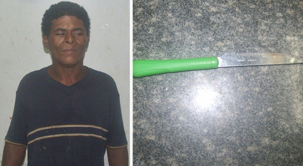 Segundo os policiais que efetuaram a prisão de Marivaldo, ele estava foragido do presídio de Teixeira Freitas. Ao lado, a faca que foi usada como arma pelo elemento
