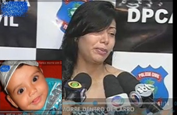 Andressa disse que deixou o filho trancado dentro do carro porque ele teria acordado enjoado e chorando. No detalhe, o bebê encontrado morto dentro do carro (Foto: Reprodução/Potral R7)