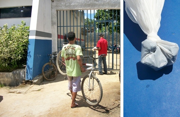 O menor foi apreendido usando uma bicicleta, que segundo a polícia, provavelmente seria produto de furto. Ao lado, as pedras de crack apreendidas