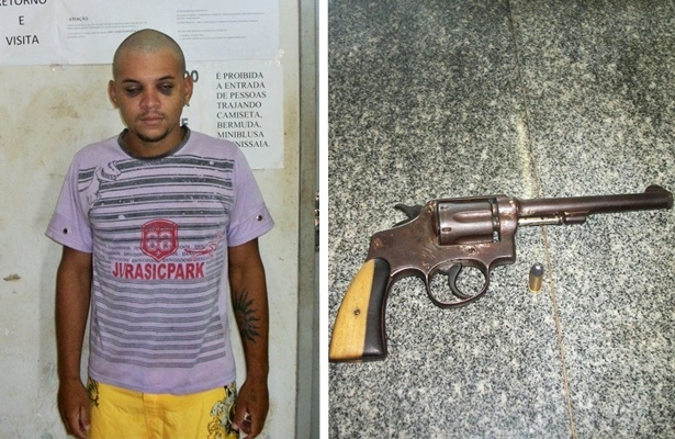 Jean Nascimento Souza, de 21 anos (esq.), suspeito de ter cometido o assalto a Drogaria Plant&atilde;o, e arma supostamente usada no crime (dir.)